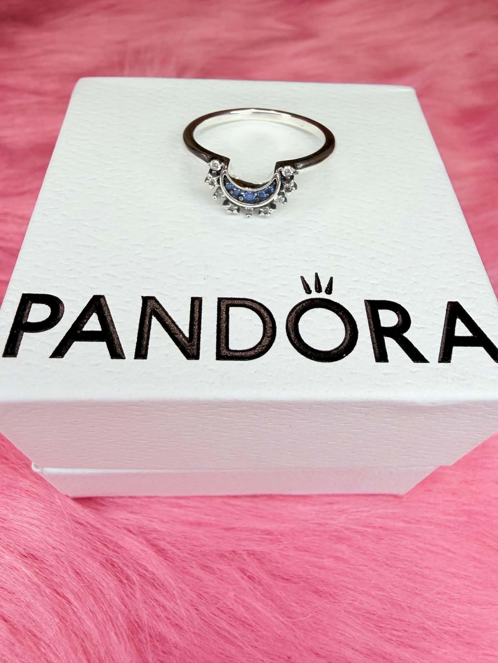 Pandora Silver Ring with Blue Crescent and Clear Accents